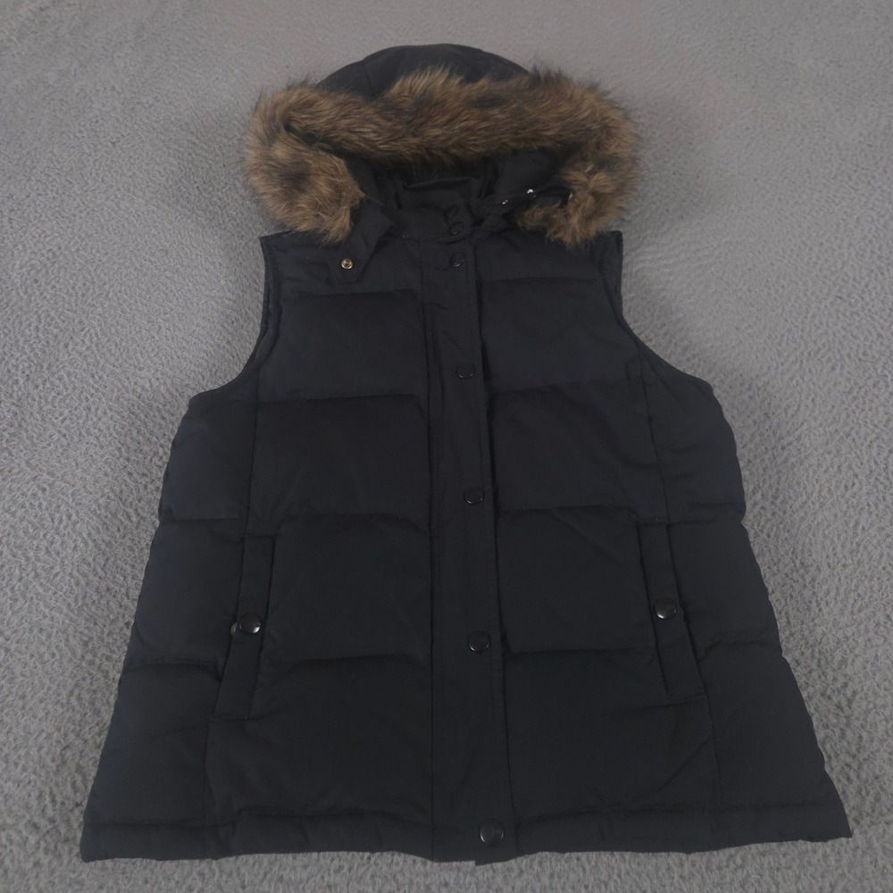 Gap Vest Womens S Black Faux Fur Trim Matte Puffer Down Fill Removable Hood